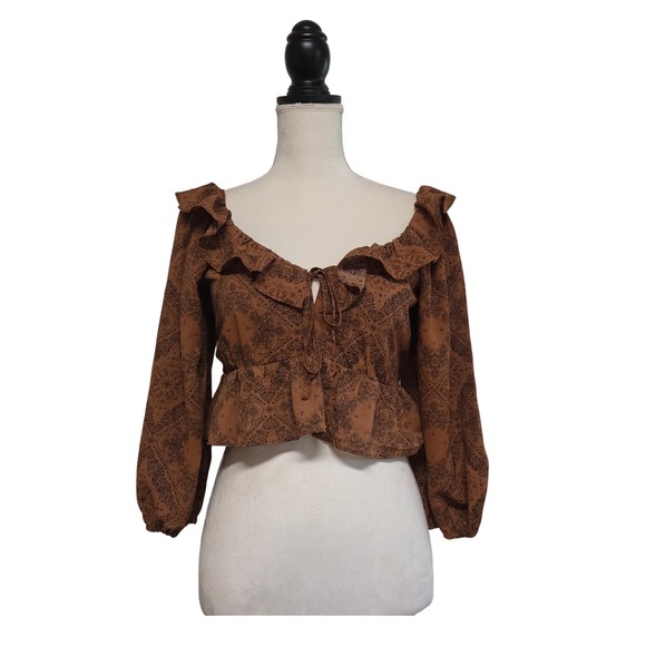 Papaya Tops - Papaya Brown Paisley Ruffle Tie Front Crop Top Size S Whimsigoth Retro Hippie